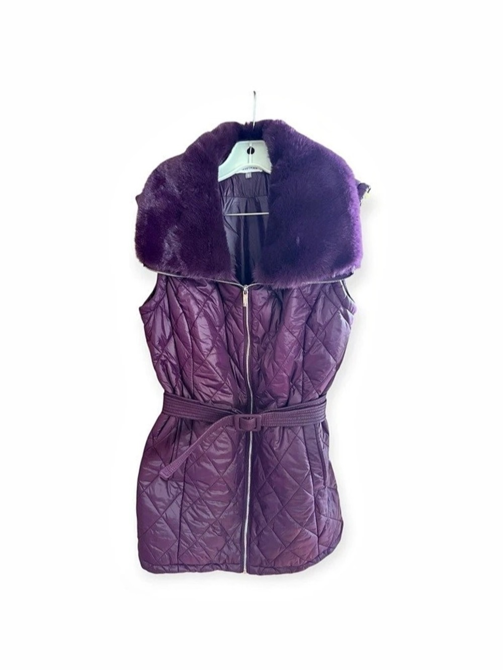 Calvin Klein Quilted Faux-Fur Collar Vest Purple Medium